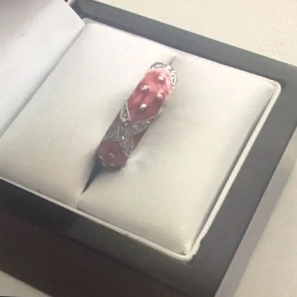 Silver Pink Enamel & CZ “X” Band Stack Ring - Picture 3 of 4